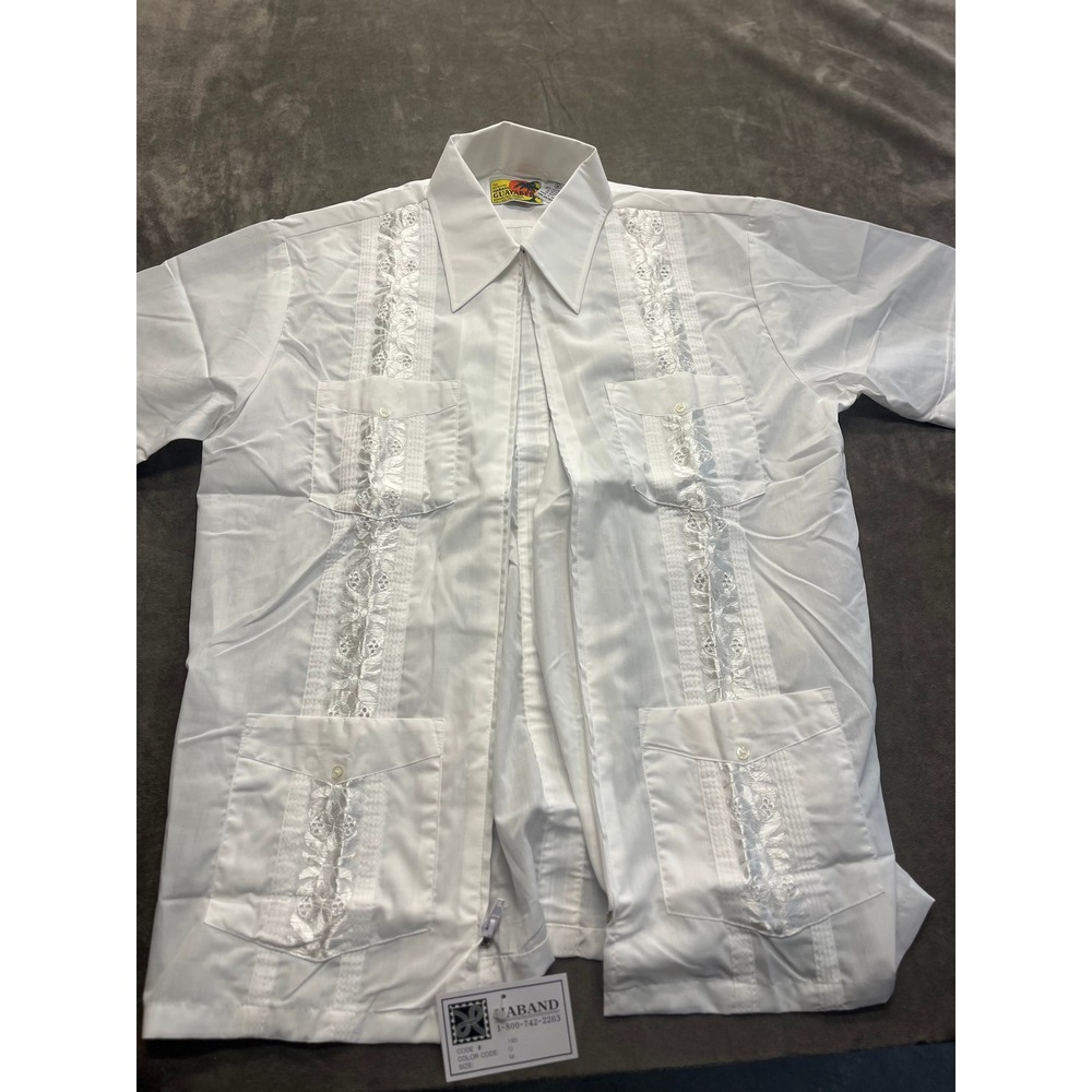Haband Guayabera Shirt Mens Medium White Full Zip Short Sleeve Embroidered 190 G